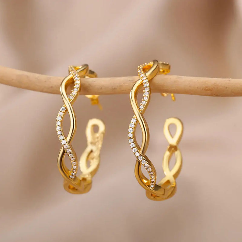 Wave Round Hoop Earrings Stainless Steel Zircon Wedding Jewelry