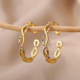 Wave Round Hoop Earrings Stainless Steel Zircon Wedding Jewelry