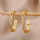 Wave Round Hoop Earrings Stainless Steel Zircon Wedding Jewelry