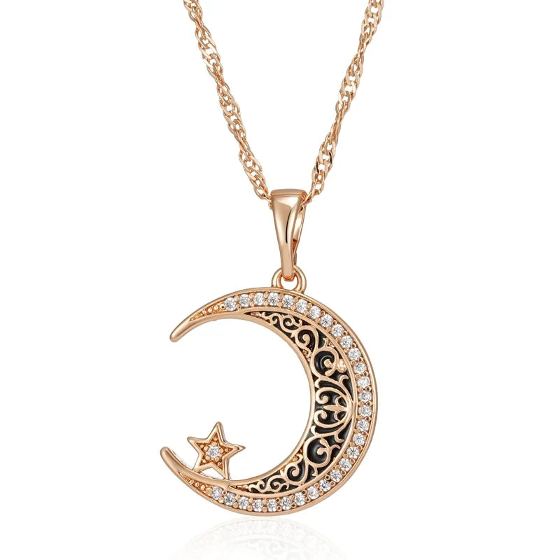 Enamel Moon Star Pendant Necklace for Women with CZ Stone