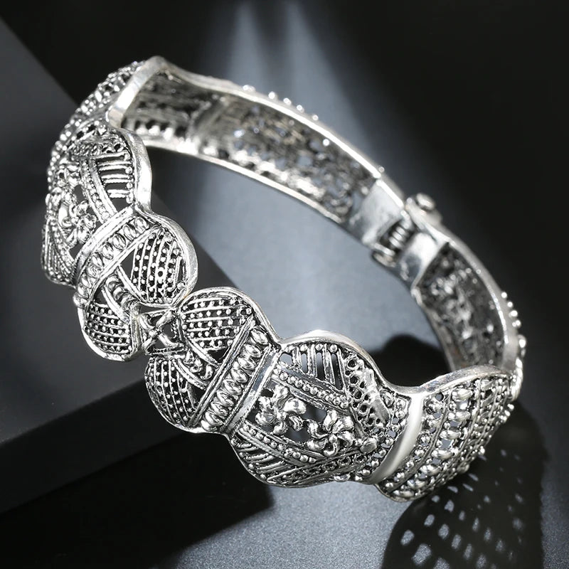 Boho Tibetan Silver Bangle Vintage Jewelry Ethnic Style Carved Pattern Bracelet