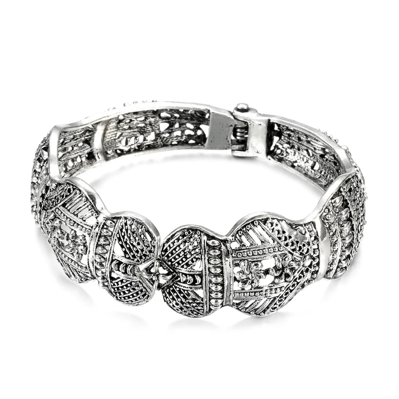 Boho Tibetan Silver Bangle Vintage Jewelry Ethnic Style Carved Pattern Bracelet