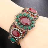 Charm Cuff Bracelet Oval Red Stone Crystal Flower Retro Statement