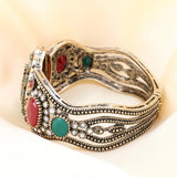 Charm Cuff Bracelet Oval Red Stone Crystal Flower Retro Statement