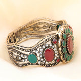 Charm Cuff Bracelet Oval Red Stone Crystal Flower Retro Statement