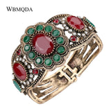 Charm Cuff Bracelet Oval Red Stone Crystal Flower Retro Statement