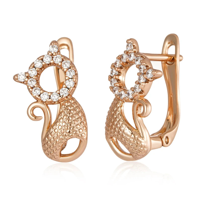 Cat Shape Drop Earrings 585 Rose Zircon Setting Christmas Jewelry