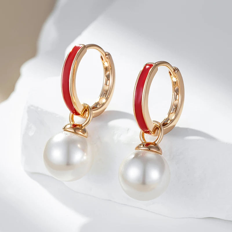 Red Enamel Pearl Drop Earrings 585 Rose Vintage Ethnic Wedding Jewelry Gift