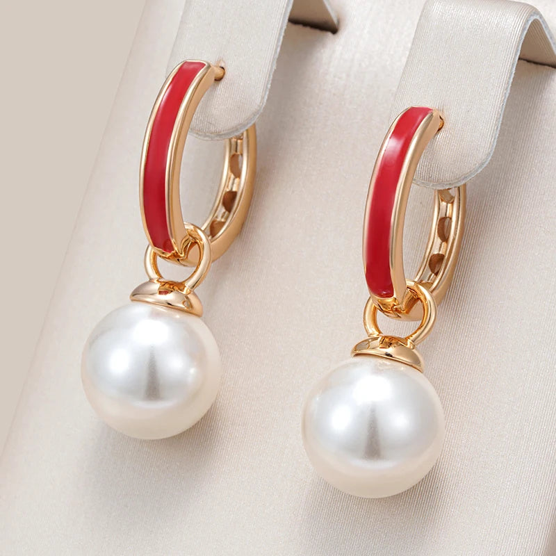 Red Enamel Pearl Drop Earrings 585 Rose Vintage Ethnic Wedding Jewelry Gift
