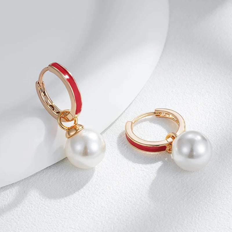 Red Enamel Pearl Drop Earrings 585 Rose Vintage Ethnic Wedding Jewelry Gift