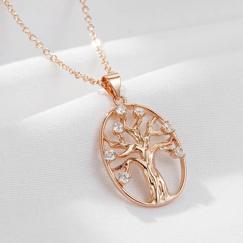 Life Tree Pendant Necklace 585 Rose Fine Zircon Jewelry