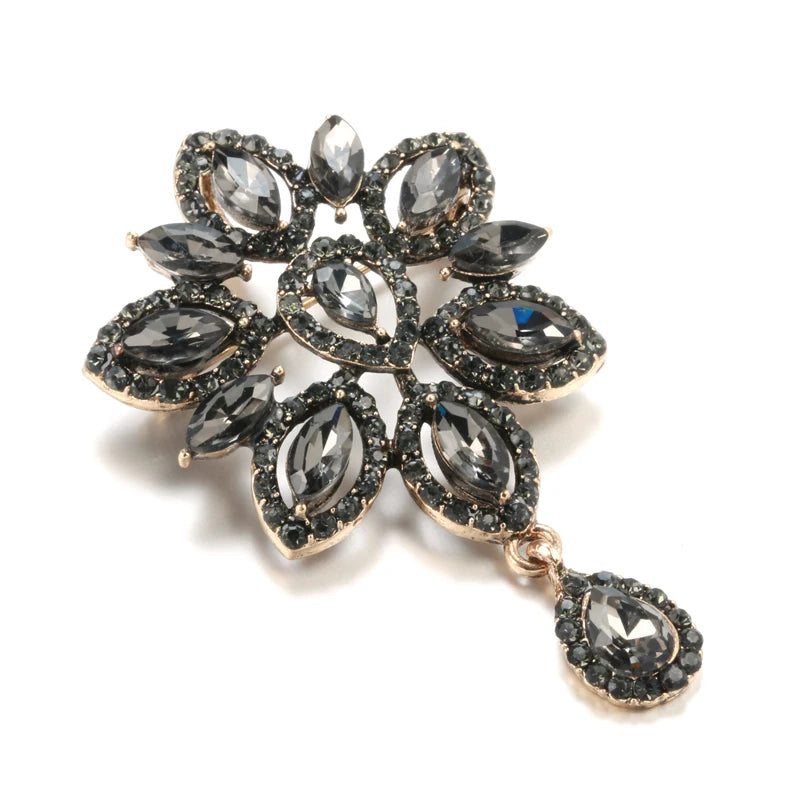 Grey Crystal Water Drop Brooch Hollow Plated Party Wedding Jewelry