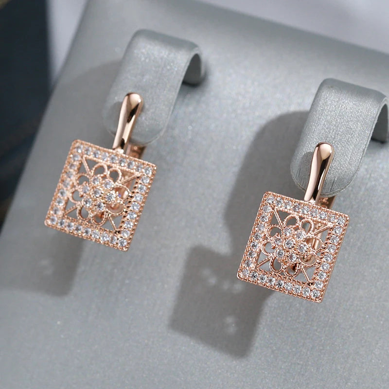 Hollow Square Zircon Drop Earrings 585 Rose Vintage Dubai Jewelry