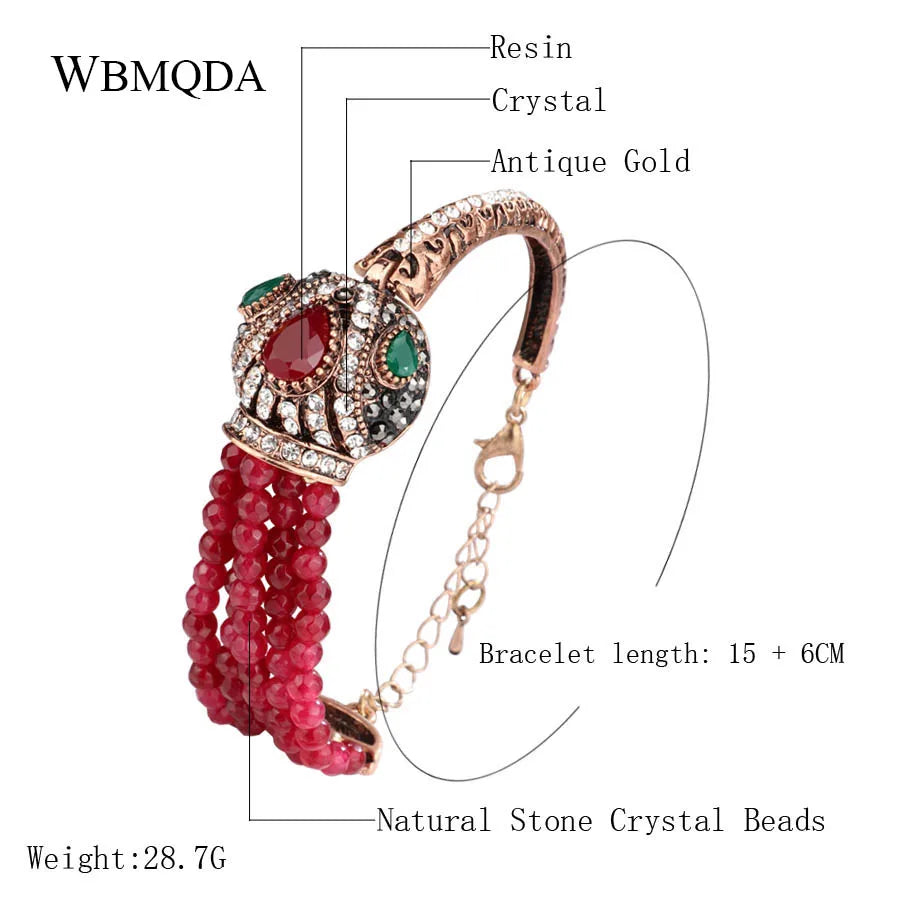 Vintage Red Stone Crystal Beads Crown Antique Bracelet Women Bohemian Jewelry