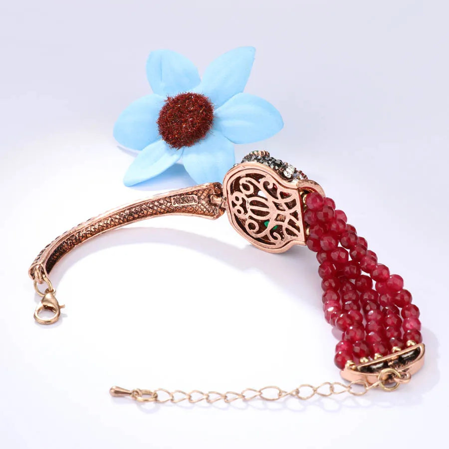 Vintage Red Stone Crystal Beads Crown Antique Bracelet Women Bohemian Jewelry