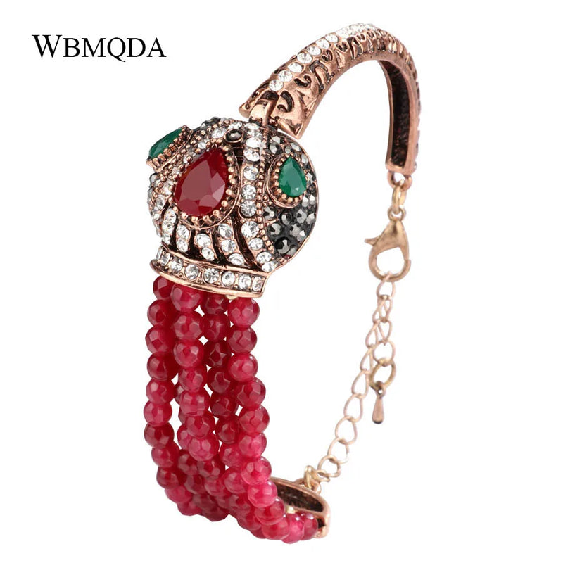 Vintage Red Stone Crystal Beads Crown Antique Bracelet Women Bohemian Jewelry