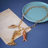 Boho Enamel Marine Life Charms Pendant Necklace Mermaid Tassel Conch Choker
