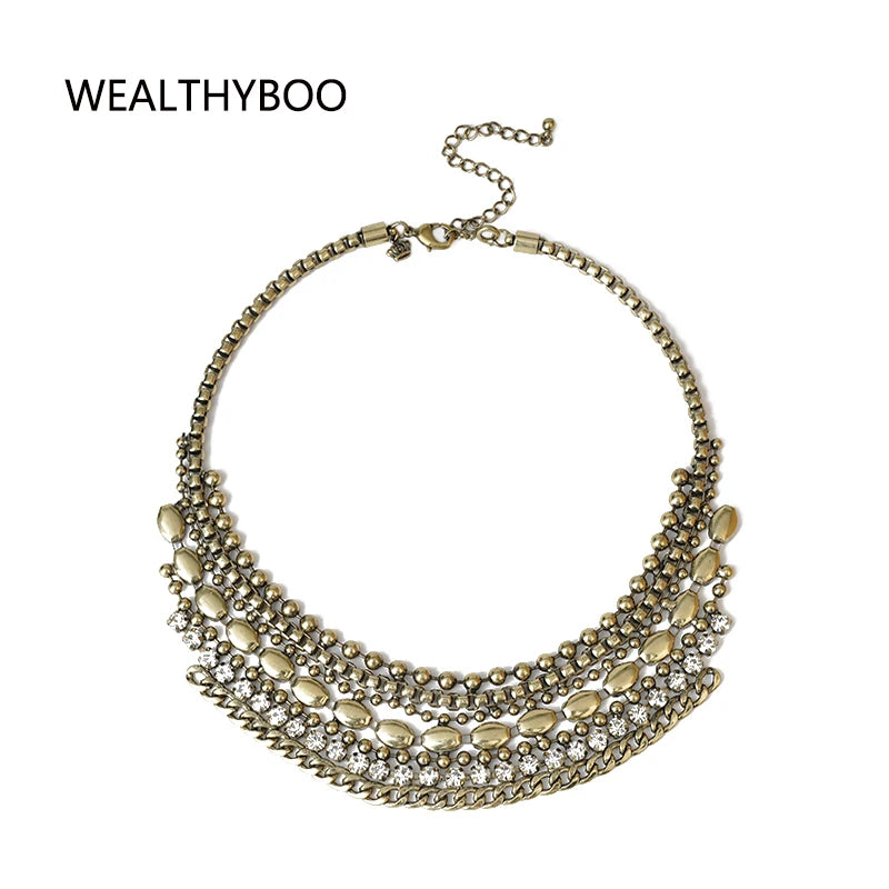 Vintage Layer Cluster Chains Choker Collar Necklace Chunky Gem Metal Chains