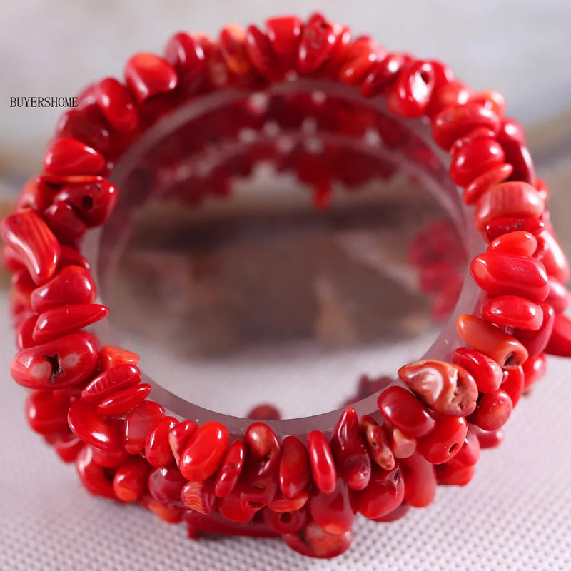 Red Coral Stretch Bead Bracelet Natural Stone Wrap Bracelet Women's Jewelry