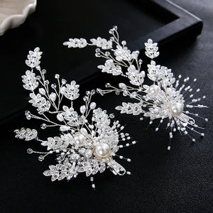 Bridal Hairpin Leaf Head Piece Rhinestones Pearl Silver Clip Wedding Accessories