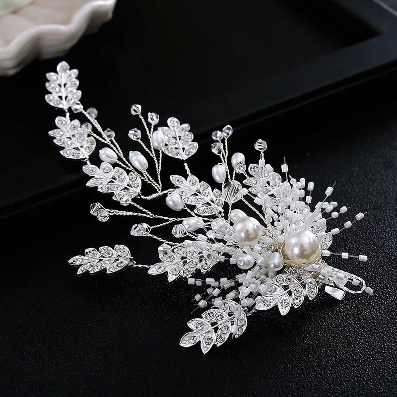 Bridal Hairpin Leaf Head Piece Rhinestones Pearl Silver Clip Wedding Accessories