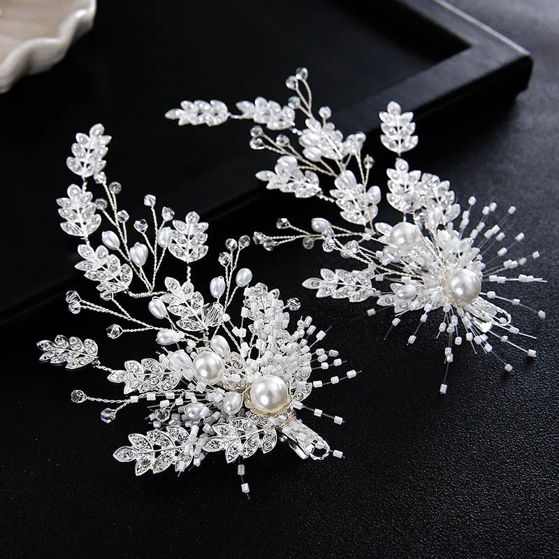 Bridal Hairpin Leaf Head Piece Rhinestones Pearl Silver Clip Wedding Accessories