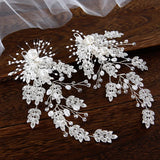 Bridal Hairpin Leaf Head Piece Rhinestones Pearl Silver Clip Wedding Accessories