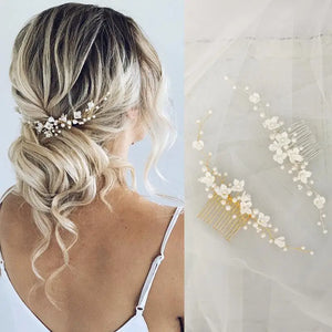 Porcelain Flower Bridal Hair Comb with Pearls and Beads