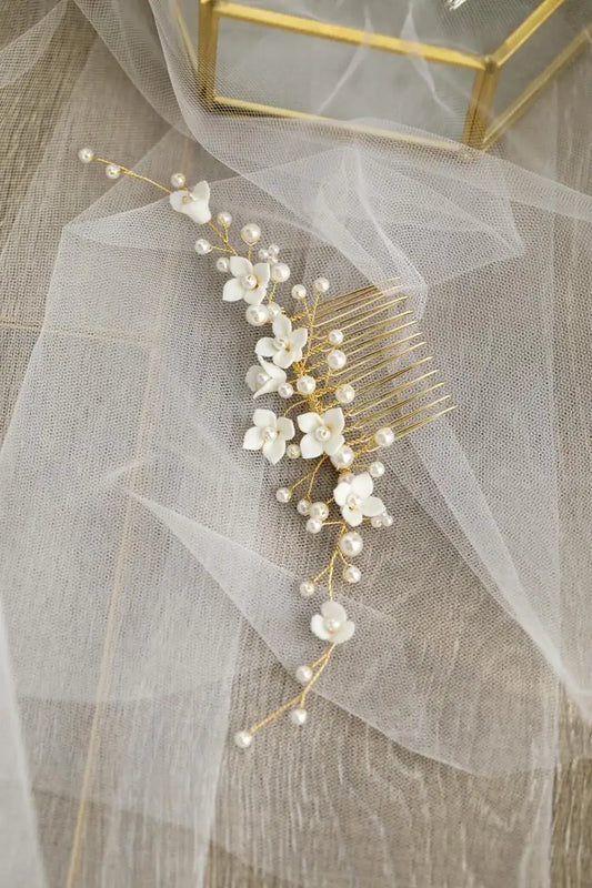 Porcelain Flower Bridal Hair Comb with Pearls and Beads