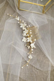 Porcelain Flower Bridal Hair Comb with Pearls and Beads