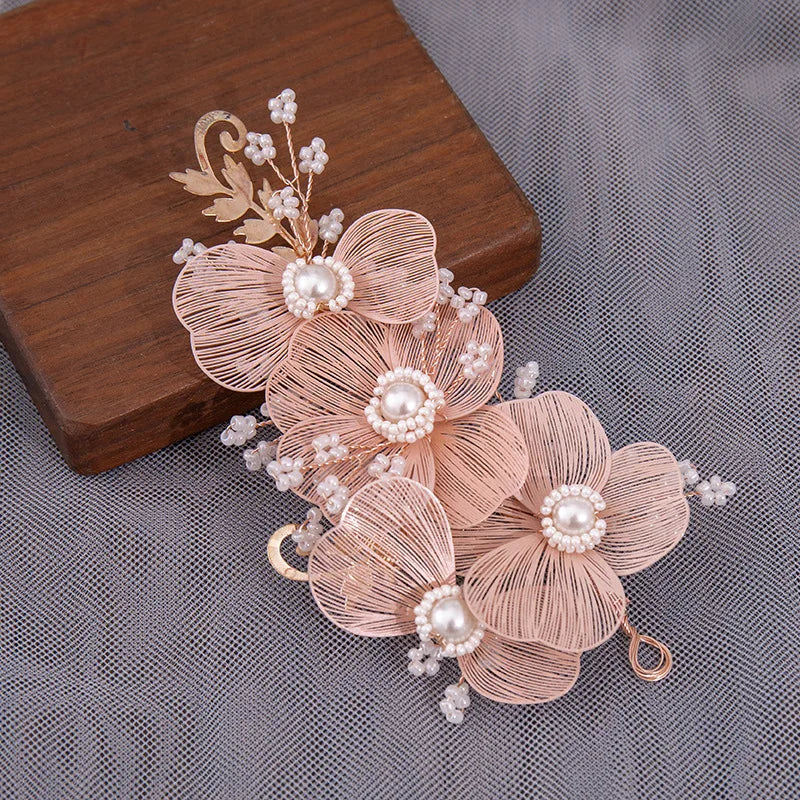 Pink Flower Hairband Tiara Crown Pearl Bridal Headband