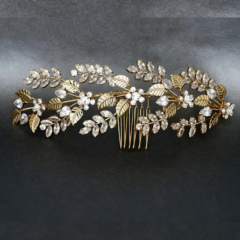 Bride Leaf Zircon Crystal Tiara Headband Comb - Wedding Princess Tiara
