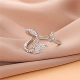 925 Sterling Silver Double Butterfly Zircon Open Rings For Women