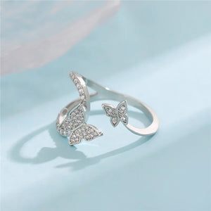 925 Sterling Silver Double Butterfly Zircon Open Rings For Women
