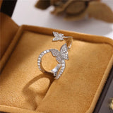 925 Sterling Silver Double Butterfly Zircon Open Rings For Women
