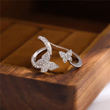 925 Sterling Silver Double Butterfly Zircon Open Rings For Women