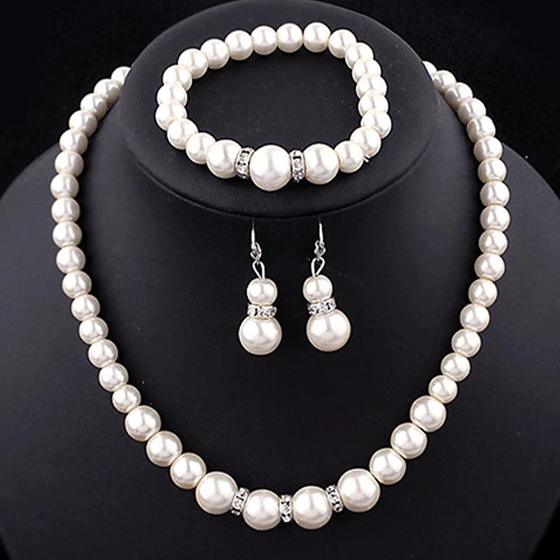 Women's Simulated Pearls Jewelry Set - Necklace, Earrings, Bracelets