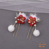 Red Flower Hair Comb Pearl Tassel Hairpin Tiara