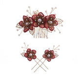Red Flower Hair Comb Pearl Tassel Hairpin Tiara