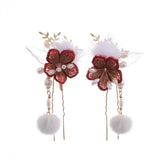 Red Flower Hair Comb Pearl Tassel Hairpin Tiara