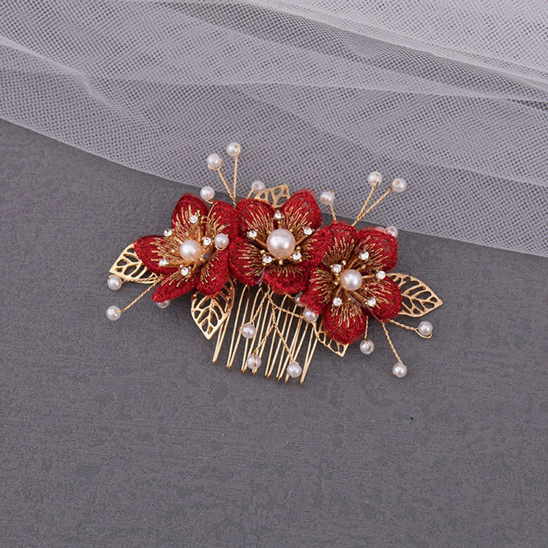 Red Flower Hair Comb Pearl Tassel Hairpin Tiara