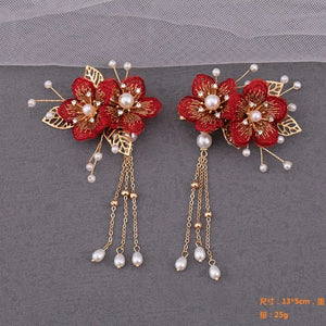 Red Flower Hair Comb Pearl Tassel Hairpin Tiara