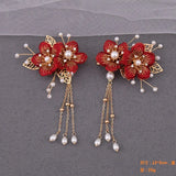 Red Flower Hair Comb Pearl Tassel Hairpin Tiara
