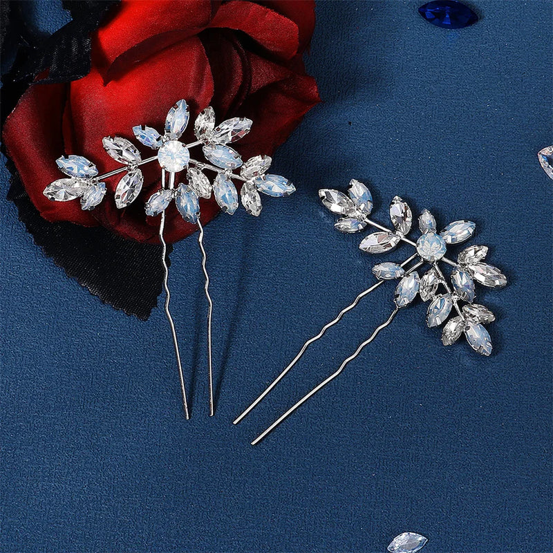Crystal Leaf Hair Pins Rhinestone Bridal Headpiece
