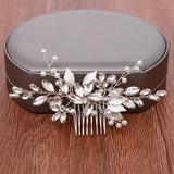 Bridal Hair Comb Silver Rhinestone Leaf Jewelry Pearl Bride Headpiece