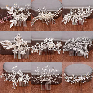 Bridal Hair Comb Silver Rhinestone Leaf Jewelry Pearl Bride Headpiece