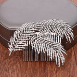 Bridal Hair Comb Silver Rhinestone Leaf Jewelry Pearl Bride Headpiece