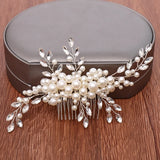 Bridal Hair Comb Silver Rhinestone Leaf Jewelry Pearl Bride Headpiece