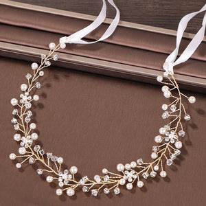 Pearl Flower Bride Hair Jewelry Rhinestone Golden Vine Headband
