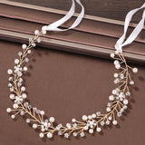 Pearl Flower Bride Hair Jewelry Rhinestone Golden Vine Headband